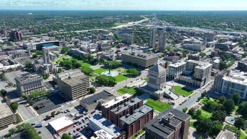 High aerial view of Indianapolis during summer day. Indiana War Memorial and Museum. American Legion Mall.