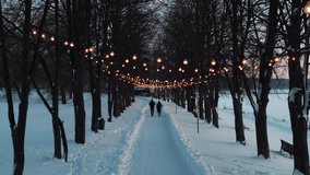 romantic couple walking by illuminated alley in snowy winter park, snow in forest and road with decorated light bulbs 4k - Powered by Shutterstock - Get 15% off with code: PIKWIZARD15
