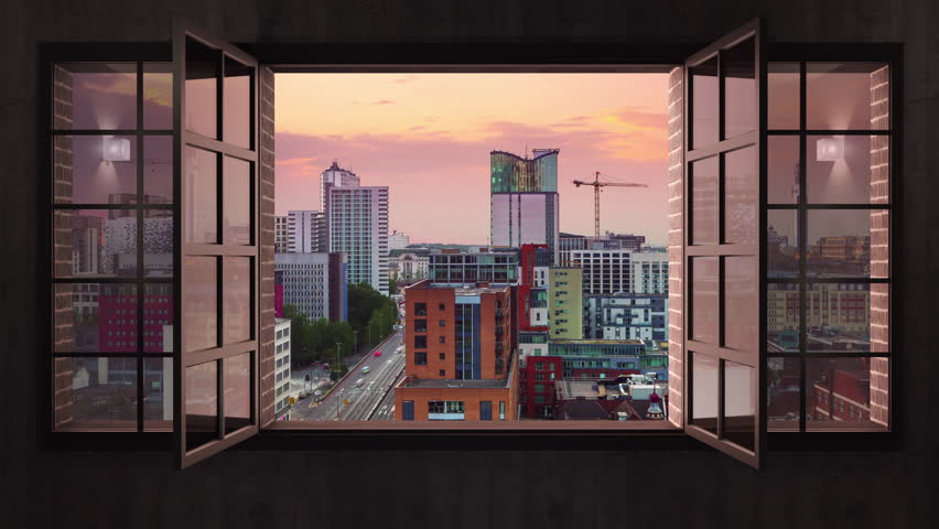 birmingham city skyline timelapse day to night seen from the window traffic running fast on the street