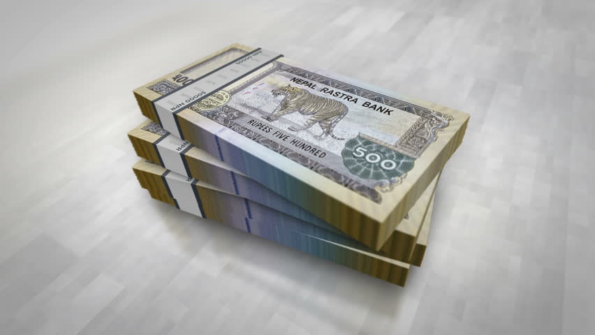 Nepal money Nepali rupees pile pack. Concept background of economy, banking, business, crisis, recession, debt and finance. 500 NPR banknotes stacks 3d. Royalty-Free Stock Footage #3401620397