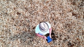 Senior farmer standing in wheat field holding digital tablet and examining crop during the day, aerial view - Powered by Shutterstock - Get 15% off with code: PIKWIZARD15