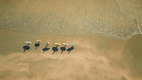 Top Aerial view of the surfers group walking out towards the ocean on the beach to surf together in big waves, surfers with waves. Surfers walking with boards in their hands during sunset. 4K - Powered by Shutterstock - Get 15% off with code: PIKWIZARD15