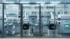 Robotic Arm Conveyor Line Manufacturing Industrial Electronic Devices. Automated AI Assembly Line Producing High-Tech Products for Information Technology Industry. Time-Lapse Dolly Style 3D Footage - Powered by Shutterstock - Get 15% off with code: PIKWIZARD15