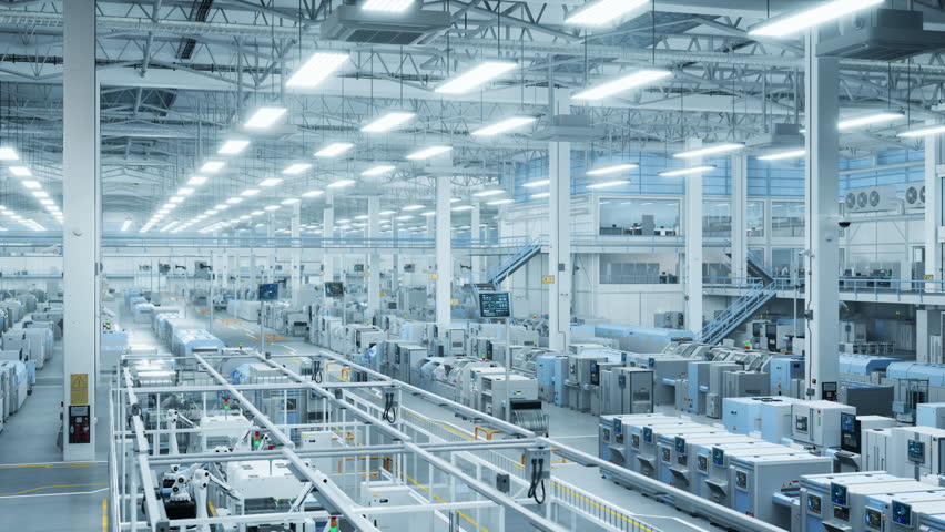 Robotic Arm Conveyor Line Manufacturing Industrial Electronic Devices. Aerial Establishing Shot with Automated AI Assembly Line Producing High-Tech Products for IT Industry. Wide Shot