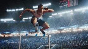 Sports Footage with Super Slow Motion Speed Ramp Effect. Talented Male Hurdler Jumping Over Obstacle, Racing Against Time and Setting a New Sprint Record in Front of a Stadium with Cheering Fans - Powered by Shutterstock - Get 15% off with code: PIKWIZARD15