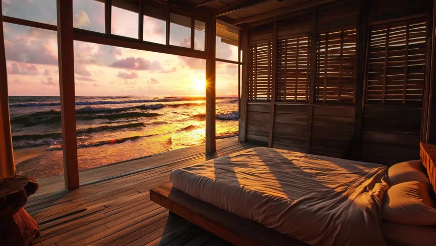 luxury resort hotel room with calming sunrise beach view, endless loop animation, travel background Royalty-Free Stock Footage #3401772641