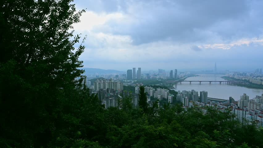 Aerial view of Seoul, South Korea, covered with rain clouds.video