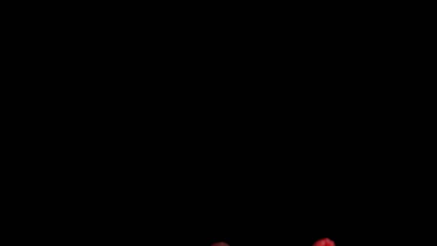 Large juicy appetizing raspberries bouncing with splashes of water on the black background in slow motion