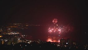 People watching Many colorful Fireworks lit high over the Suwa lake and night city view, annual festival summer season Nagano Japan in August 2023