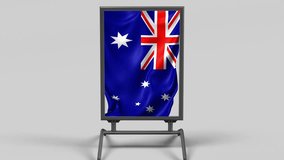 Animation of Australian flag waving on freestanding poster stand on gray background. 4k video loop animation.