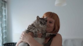 Cheerful middle aged woman holding gray fluffy cat, webcam for video call, gesturing hello to friend, parent. Caucasian girl in home clothes T-shirt takes selfie and shares data on social networks.