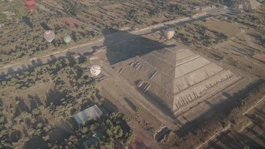 Hot Air Balloon Flying Above Pyramids of San Juan Teotihuacan Mexico Sunrise Ride