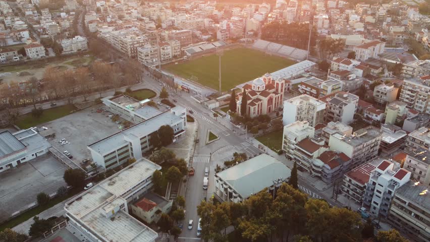 taken at sunset Greece Komotini city square aerial shot