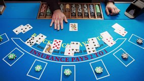 Top View Shot of a Online Casino Card Game Table: Anonymous Game Dealer Masterfully Revealing possible Jackpot Winning Hand. Blackjack Croupier Dealing Playing Cards. Static Top Down Shot - Powered by Shutterstock - Get 15% off with code: PIKWIZARD15