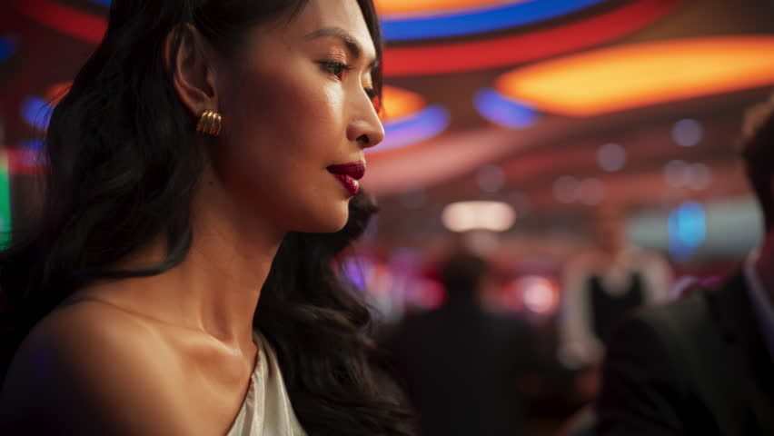Modern Casino: Gorgeous Asian Woman Laughing and Having Fun on a Night Out with Friends. Portrait of a Glamorous and Gracious Lady on a Fancy Party Having Good Time, Naturally. Blurred Party Envent