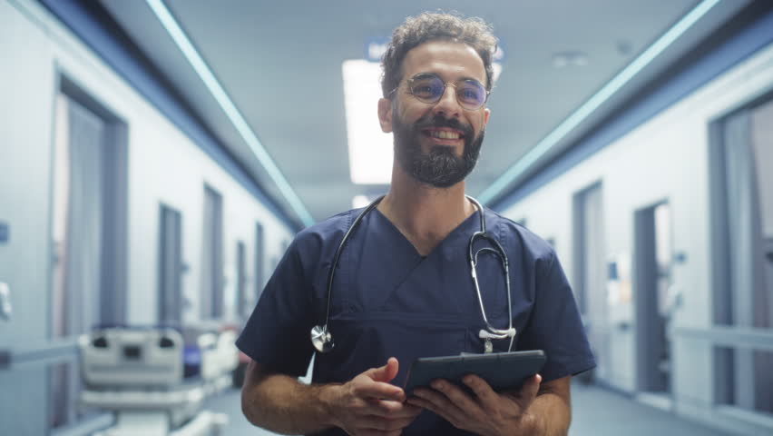 Tracking Shot of Latin Doctor Walking in Hospital Corridor, Using a Digital Tablet. Smiling Male Surgeon Checking Brain MRI Images Before Surgery, Revisiting his Notes, Greeting his Colleagues