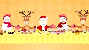 for the gala table sitting Santa Claus,snowmen and reindeer.they sway from side to side.closeup of a deer appears and waves.Christmas card.animated video.text merry Christmas.