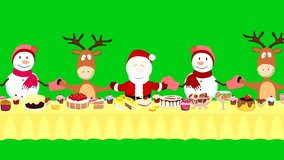 for the gala table sitting Santa Claus,snowmen and reindeer.they sway from side to side.closeup of a deer appears and waves.Christmas card.animated video.used green screen