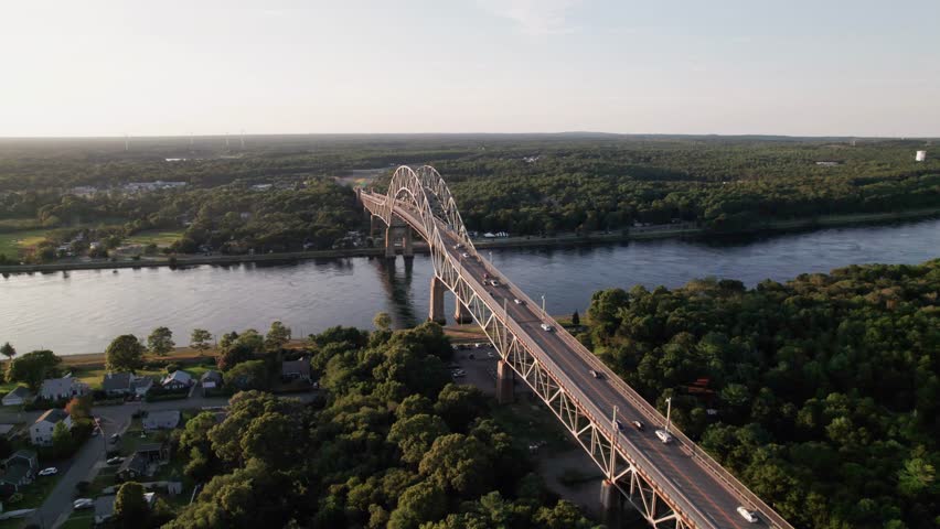 Aerial view of Bourne Bridge in Bourne, MA 4K