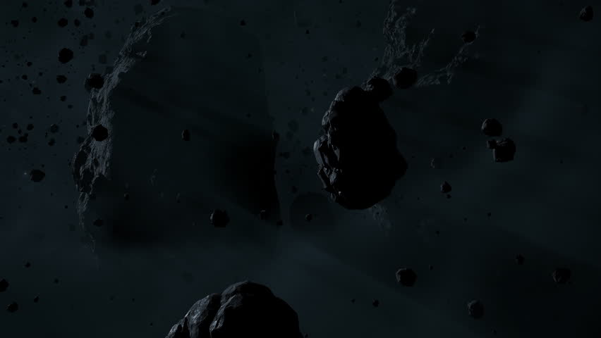 Asteroid belt field in dark outer space. 3D animation wide pan shot. Rock formations of cosmic debris and giant Meteorites. Celestial object. Royalty-Free Stock Footage #3402031891