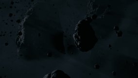 Asteroid belt field in dark outer space. 3D animation wide pan shot. Rock formations of cosmic debris and giant Meteorites. Celestial object. - Powered by Shutterstock - Get 15% off with code: PIKWIZARD15