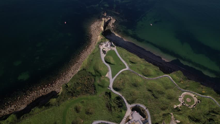 DRONE AERIAL FOOTAGE: The World War II Pointe du Hoc Ranger Monument. Pointe du Hoc is a high point between two of the five D-Day landing beaches, Utah and Omaha in Normandy, France.