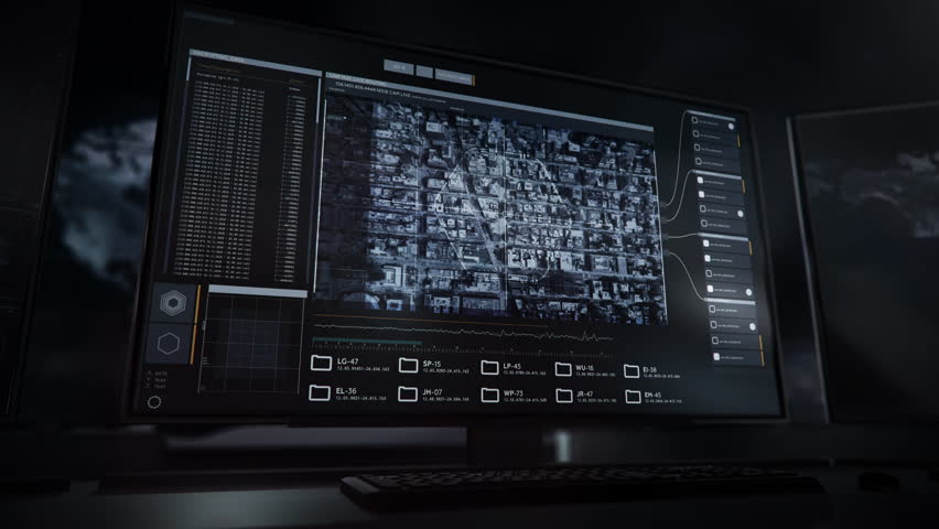 Computer User Interface of Special service. Spying Technology. The Special service Drone Camera is Rapidly Flying above the city. Special service finds the Neighborhood of the Famous Drug Dealers Royalty-Free Stock Footage #3402095767