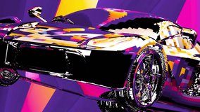 3d render video animation with part of a surreal low polygonal 3d model of a rotating supercar in curved wavy lines forms with changing colorful geometry background 