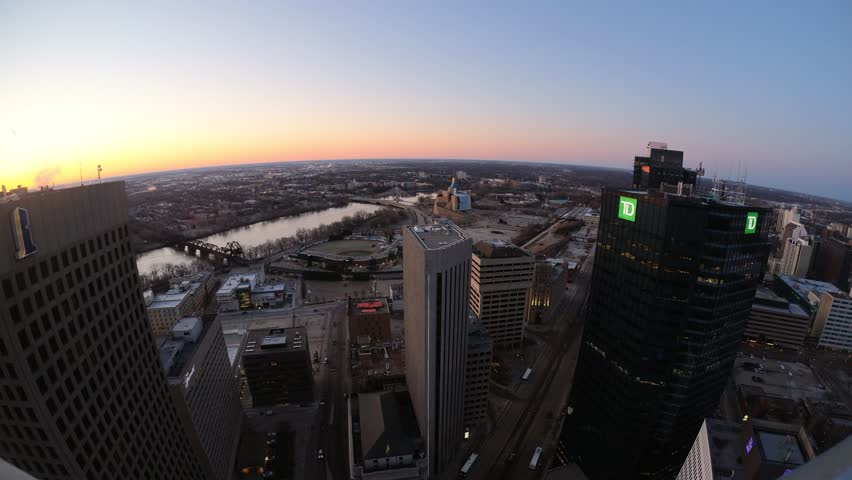 Winnipeg skyline sunrise timelapse from portage and main winter