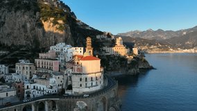 Atrani, Italy, the seaside village on the Amalfi coast.
Aerial drone footage of the Amalfi Coast on a sunny day.