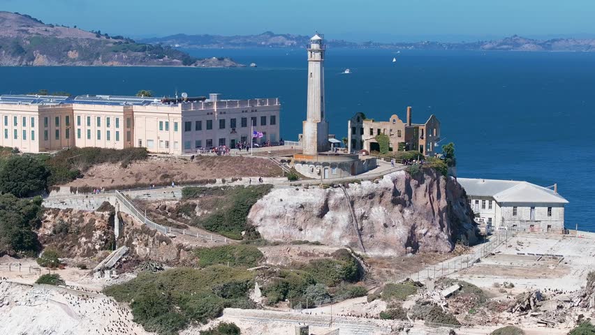 Aerial view of Alcatraz island in the San Francisco Bay. Close up view of the classical prison of Alcatraz, USA. 