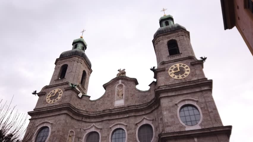 DOLLY SHOT - The St. James Cathedral, or Innsbruck Cathedral, is an eighteenth-century Baroque cathedral of the Roman Catholic Diocese of Innsbruck in the city of Innsbruck, Austria.