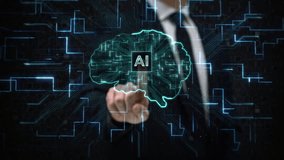 Business Man working on 3D Simulated Holographic Neural Brain InterfaceWith Micro Chip and Circuit Board. Engineer using Augmented Holographic Technology. Artificial Intelligence Concept - Powered by Shutterstock - Get 15% off with code: PIKWIZARD15