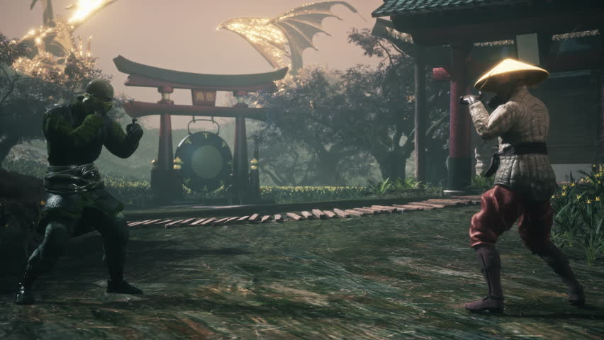 Digital animation of the two computer game fighters engaged in deadly battle. Digital animation of fighters kicking each other. Digital animation of supernatural fighters in a modern martial arts game