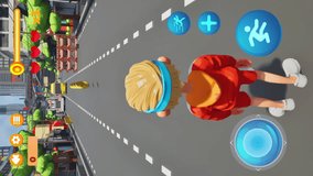 Vertical video of a character avoiding obstacles in the mobile phone game. Vertical video of a player finishing the phone game level. Vertical video of the modern phone game application.