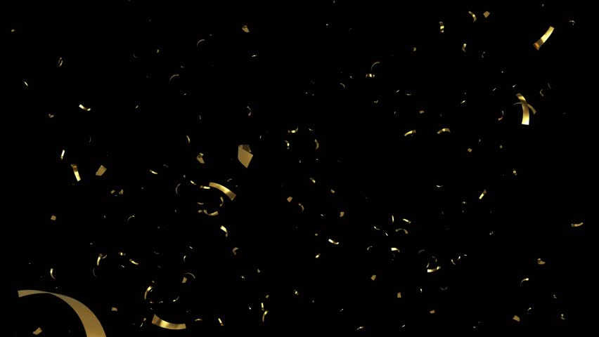 Gold Confetti Falling on a a Black, Green, Blue and White Background.