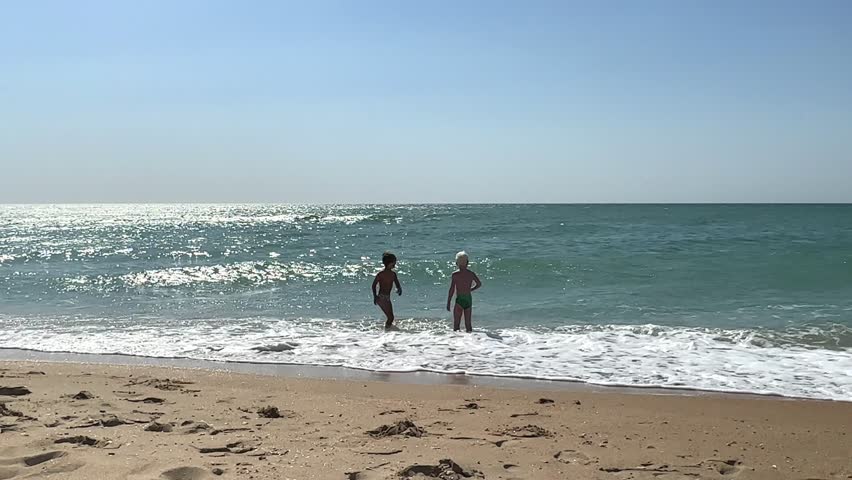 Two little boys playing on the beach on summer holidays. Joyful children in nature with beautiful sea, sand and blue sky. Happy kids on vacation Royalty-Free Stock Footage #3402370385