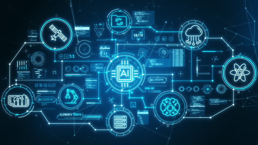 Animated holographic infographic on artificial intelligence management.