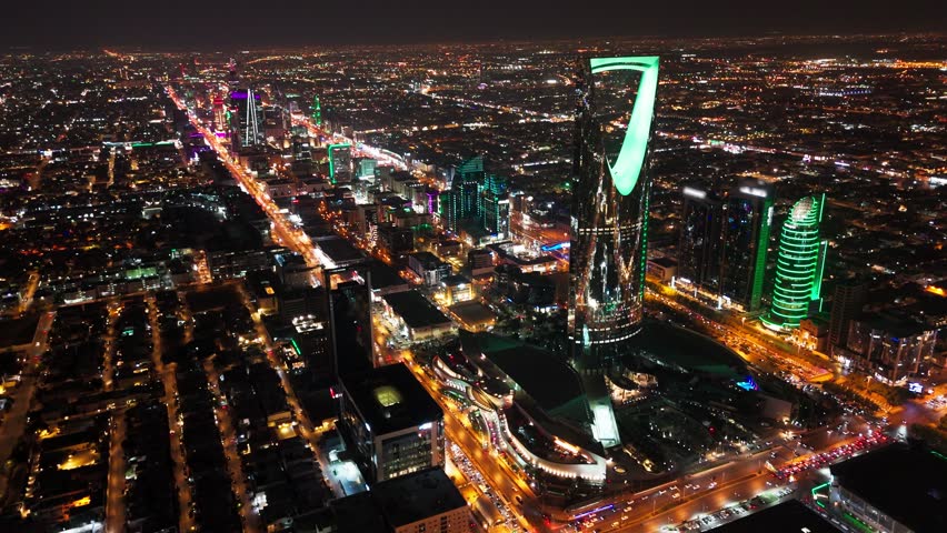 Drone shot flying. Saudi Arabia. Riyadh. Kingdom tower. Night. Royalty-Free Stock Footage #3402632713