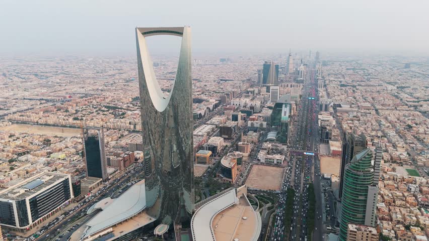 Drone shot flying. Saudi Arabia. Riyadh. Kingdom tower. Day. Royalty-Free Stock Footage #3402634421