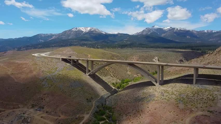 Galena Creek twin-span concrete arch bridge in Northern Nevada, U.S.A. aerial drone shot 11-08-2020.  