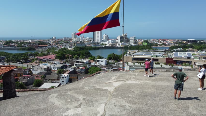 Cartagena , Colombia - 12 13 2023: Castle San Felipe de Barajas In Cartagena, Colombia Is A Top Tourist Attraction With Beautiful Elevated Viewpoints Of The Port City.