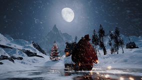 Santa lands near a house with a Christmas tree next to it. Santa delivers gifts. Dynamic flight of Santa on his sleigh with his reindeer. High quality 3d render. Beautiful christmas animation - Powered by Shutterstock - Get 15% off with code: PIKWIZARD15