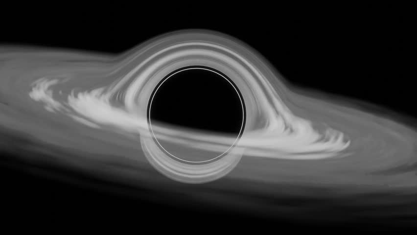 Super massive black hole rotation Loop on 4K abstract animation. Rotating black hole, Spiral Galaxy, Deep Space Exploration, Rotating black hole. Black and white retro style