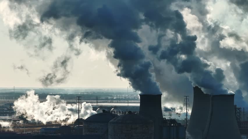 Spectacular aerial view of winter smog emissions from petrochemical plants