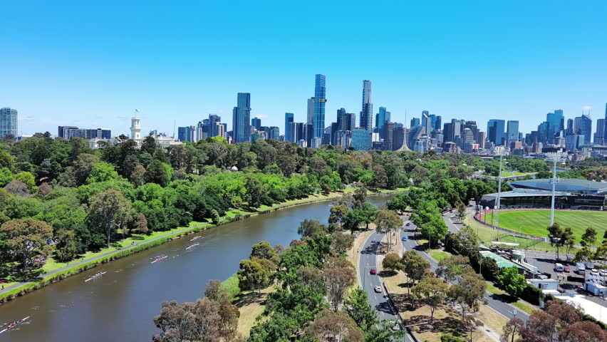 Melbourne, Australia: Aerial view of skyscraper skyline of Melbourne central business district (CBD) in capital city of Australian state of Victoria, sunny day with clear blue sky