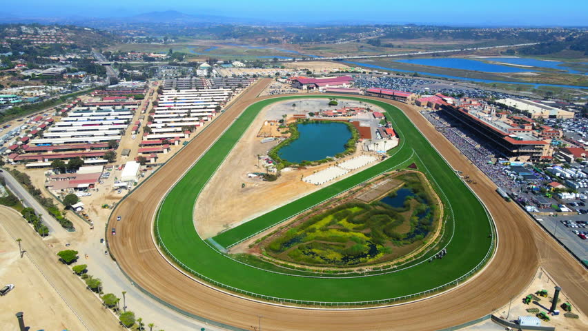 Aerial Forward Shot Of Del Mar Racing Racecourse In City On Sunny Day Royalty-Free Stock Footage #3402879149
