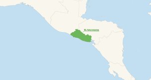 World Map Zoom In To El Salvador. Animation in 4K Video. Green El Salvador Territory On Blue and White World Map