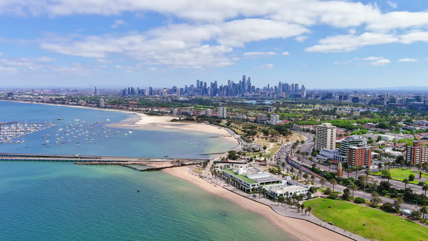 Melbourne, Australia: Aerial view of skyscraper skyline of Melbourne central business district (CBD) in capital city of Victoria and St Kilda beach