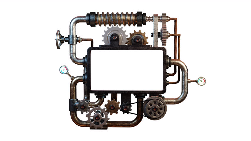 3D steampunk rusty mechanism with gears, pipes and a screen for inserting something. Steampunk machine - template with a screen. Looped video with alpha channel.